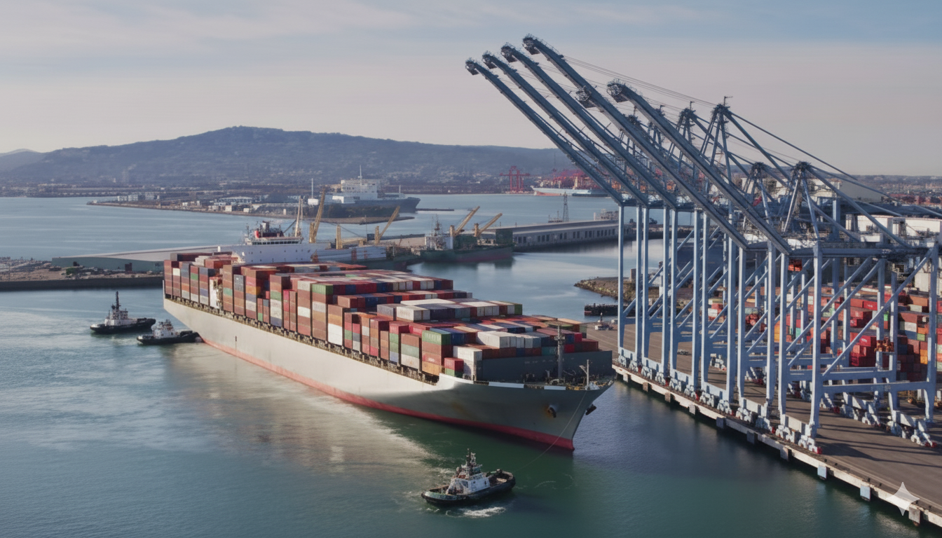 cargo ship, tug and fishing vessel with green overlay